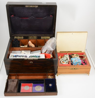 Lot 1408 - A coromandel work box, two others and costume jewellery.