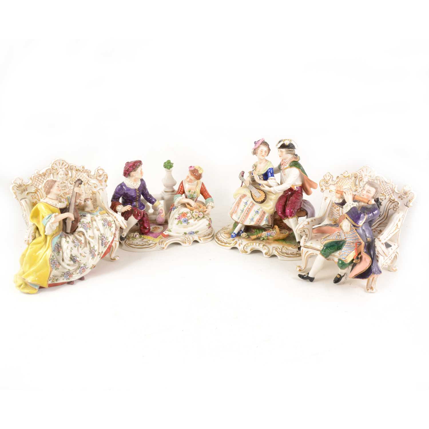 Lot 1032 - Four Continental porcelain figures, including pair of seted musicians