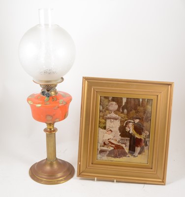 Lot 216 - Pedestal oil lamp, early 20th Century, and a crystoleum