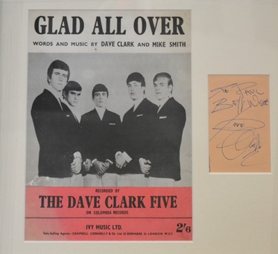 Lot 92 - The Dave Clark Five; signed page by Dave Clark mounted, framed and glazed with a cover from sheet music for 'Glad All Over', 35x38.5cm