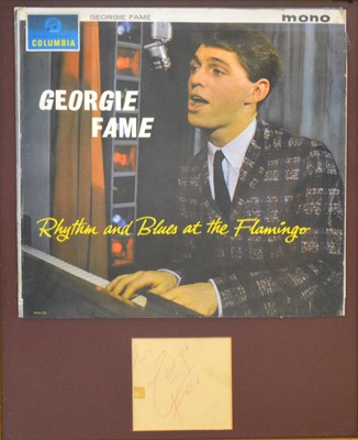 Lot 95 - Georgie Fame; signed page mounted with a print of the vinyl sleeve 'Rhythm and Blues at the Flamingo', framed and glazed, 45x34cm.