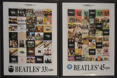 Lot 97 - The Beatles; Two Italian advertising posters showing EPs covers, framed and glazed, 90cm, 60cm.