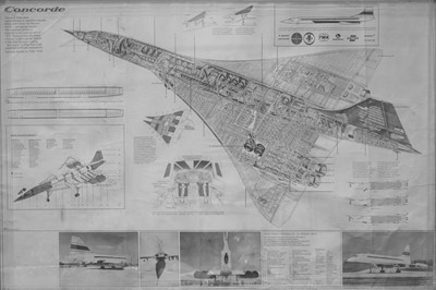 Lot 137 - Concorde; a framed and glazed posted showing an exploded illustration of the aircraft, published by The Daily Telegraph Magazine, 62x100cm