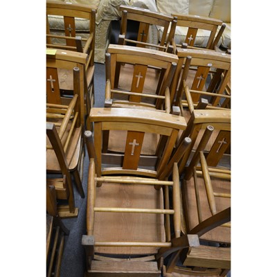 Lot 57 - A set of six beech and mixed wood Chapel chairs