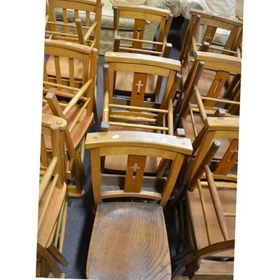 Lot 56 - A set of five beech and mixed wood Chapel chairs