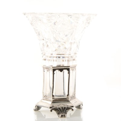 Lot 290 - A cut-glass vase with silver frame by Gorham Manufacturing Co, Birmingham 1938.