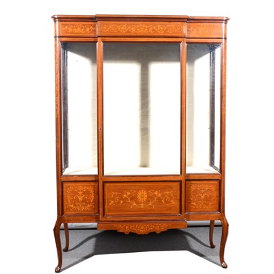 Lot 316 - A late Victorian mahogany and marquetry breakfront display cabinet