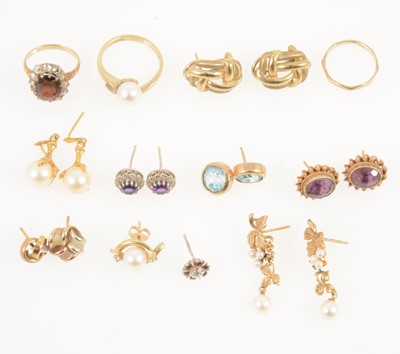 Lot 1235 - Six pairs of gold earrings, three gold rings.