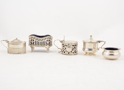 Lot 1225 - Three silver mustard pots and two salts