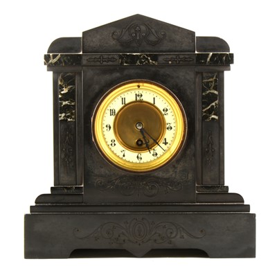 Lot 211 - A Victorian black and veined marble mantel clock