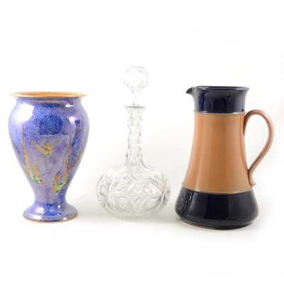 Lot 52 - A Wedgwood Hummingbird lustre vase, (damaged), a Doulton stoneware jug and a cut crystal glass decanter.