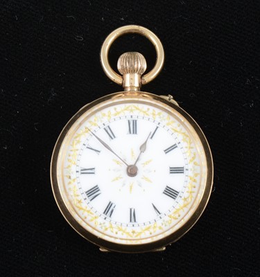 Lot 1362 - A yellow metal open face fob watch.