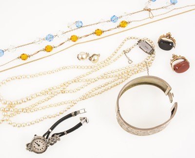 Lot 1342 - A collection of jewellery, 3 row pearl necklace, two fobs, two paste necklaces, imitation ear studs, marcasite watch.