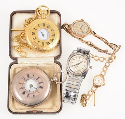 Lot 1378 - A silver half hunter pocket watch, modern Waltham pocket watch and albert chain, 2 wrist watches.