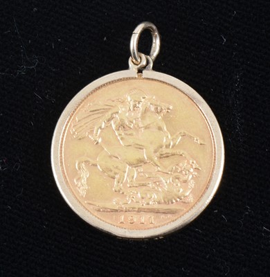 Lot 1323 - A Full Sovereign George V 1911 in a 9 carat yellow gold pendant mount.