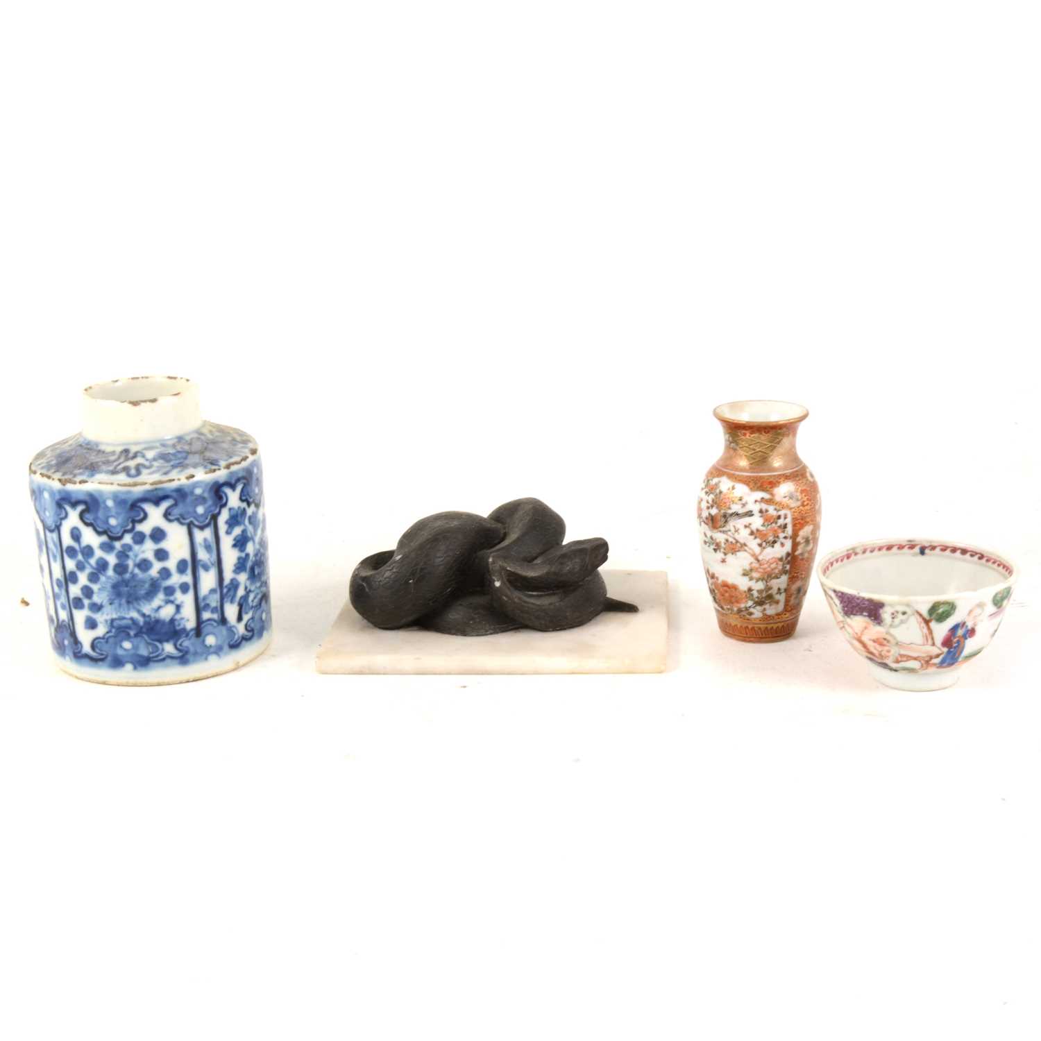 Lot 1027 - A Chinese blue and white porcelain caddy, small teabowl, miniature Japanese vase, and a snake desk ornament