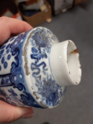 Lot 1027 - A Chinese blue and white porcelain caddy, small teabowl, miniature Japanese vase, and a snake desk ornament