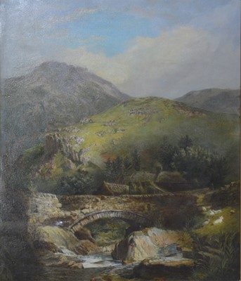 Lot 372 - English School, 19th century - Mountain landscape with bridge over a stream.