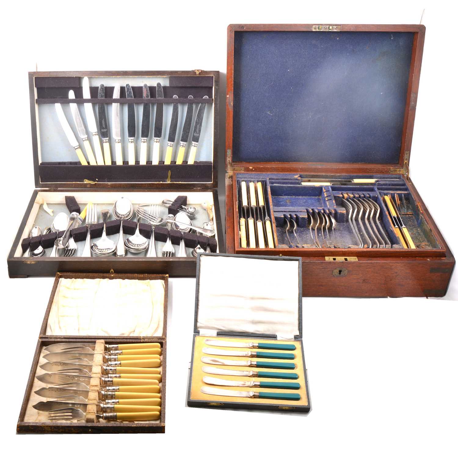 Lot 134 - Fitted oak canteen box, set of six silver teaspoons and other silver-plate.