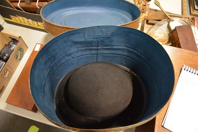 Lot 150 - A Victorian metal hat box, a bowler hat, and a writing box.