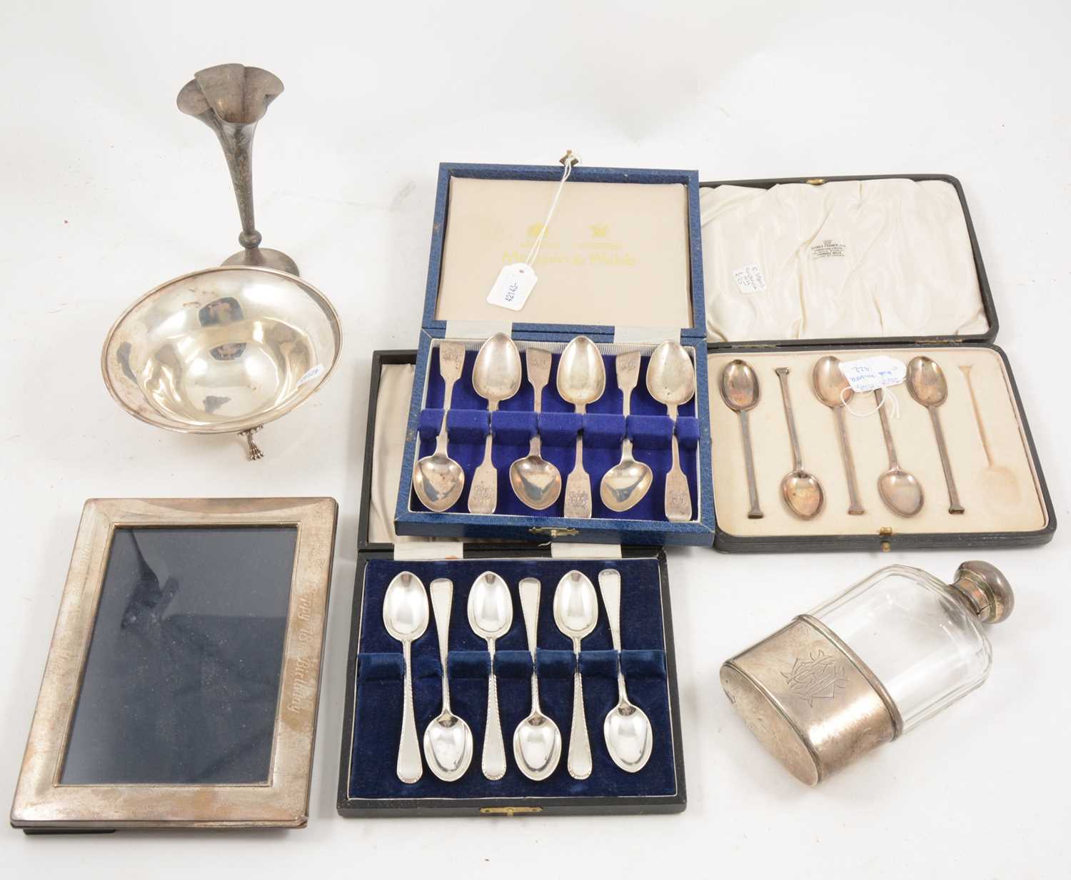 Lot 1172 - Silver spoons, hip flask, photo frame,bonbon dish.