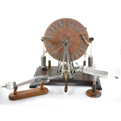 Lot 238 - A Wimshurst Influence electrostatic machine, stained pine platform, width 47cm.