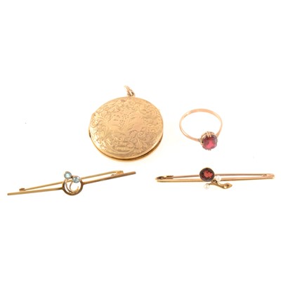 Lot 363 - Two yellow metal gemset bar brooches, a ring and a 9 carat yellow gold locket