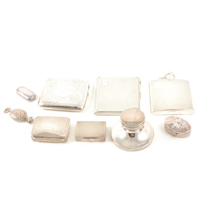 Lot 315 - A collection of silver and white metal items, including hip flask, cigarette cases, capstan inkwell, pill boxes.