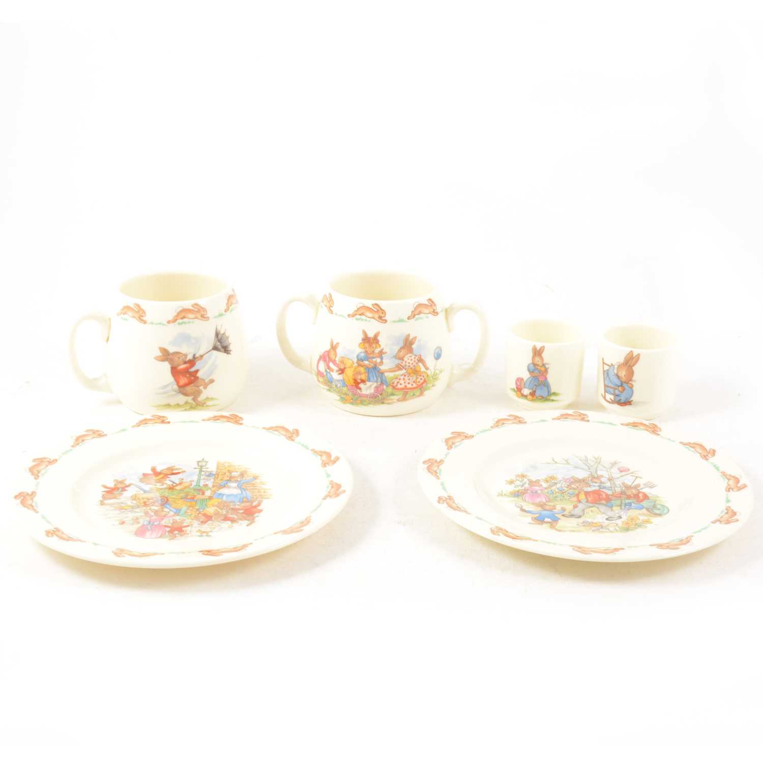 Lot 106 - Royal Doulton 'Bunnykins', pair teaplates together with a sugarbowl, a mug and two eggcups.