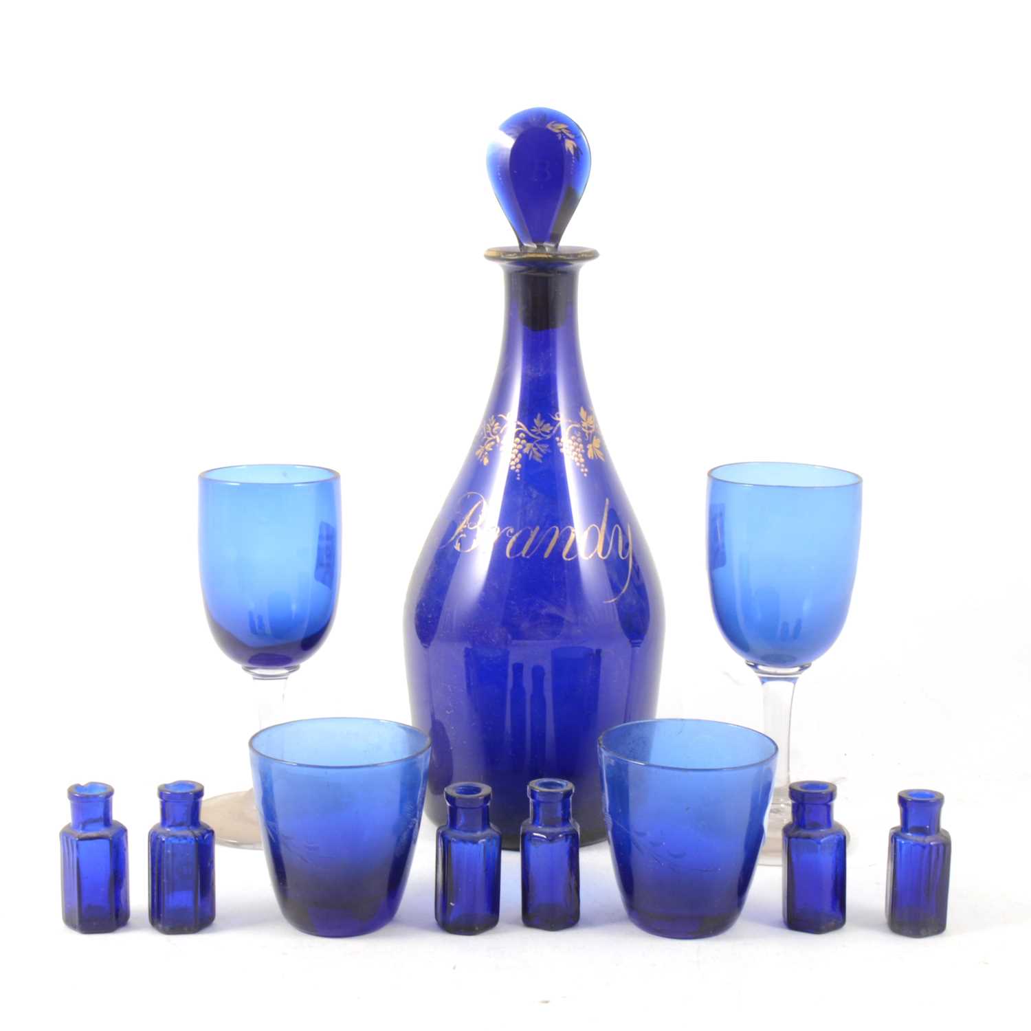 Lot 107 - Early 19th Century Bristol blue glass Brandy decanter, plus glasses, tumblers and miniature phials