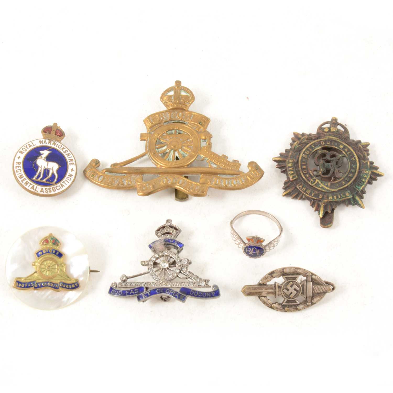 Lot 116 - WWII Royal Artillery 'Jewelled Sweetheart Brooch', an RAF ring,cap badges etc