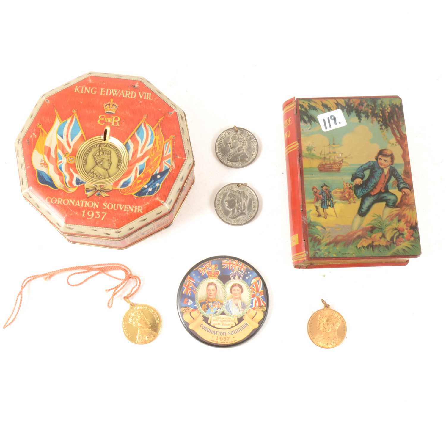 Lot 119 - A rare Rowntree Edward VIII Coronation tin complete with detachable medal together with a Chad Valley 'Treasure Island' tin book moneybox etc.