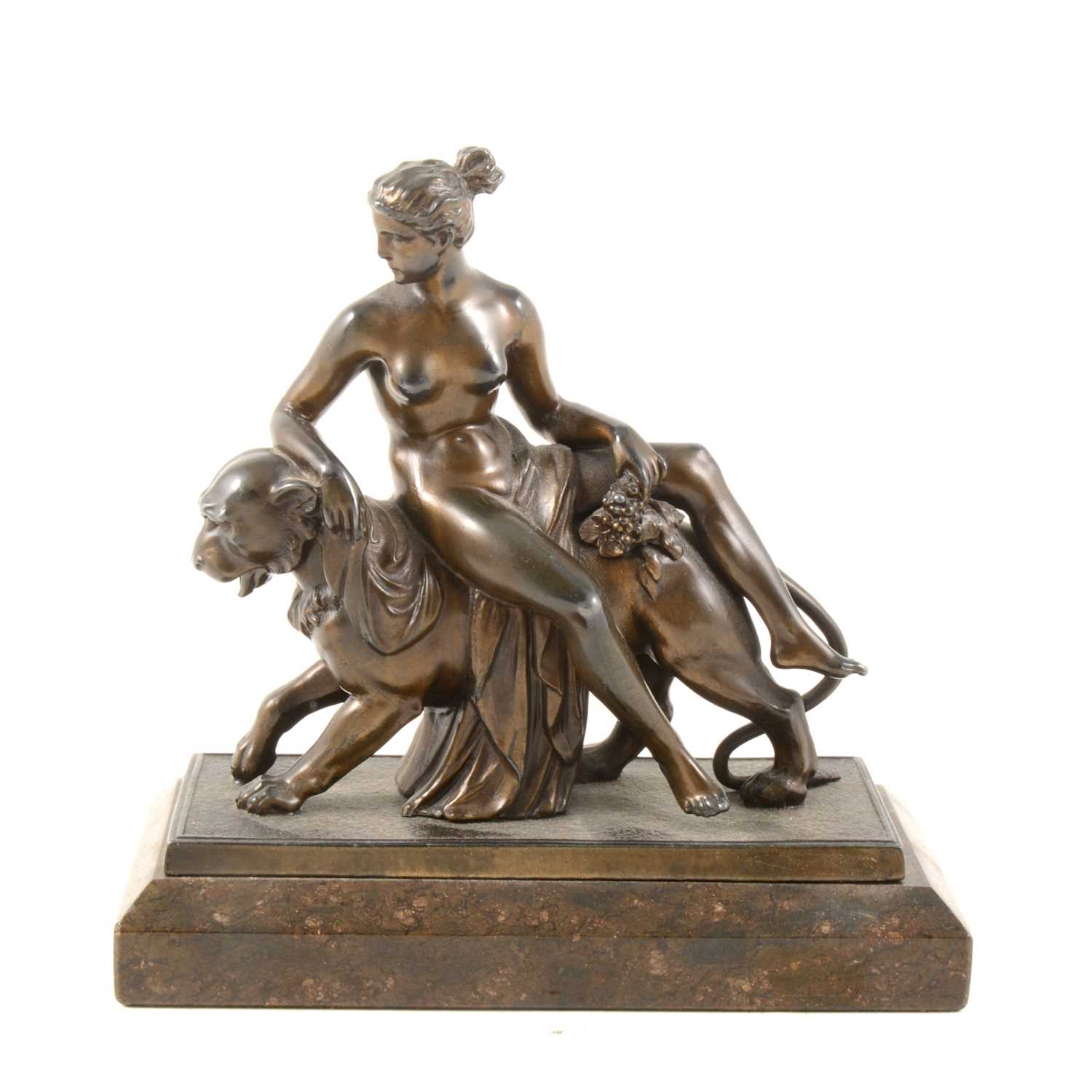 Lot 132 - A fine 19th Century bronzed group of a maiden resting on the back of a lion.