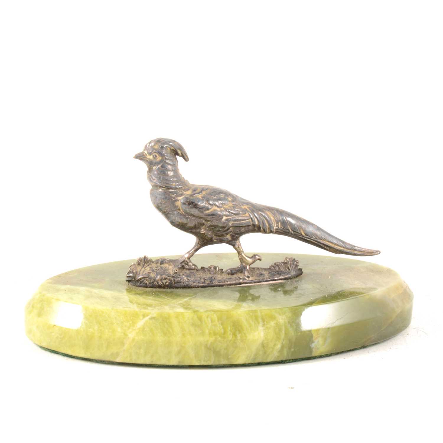 Lot 134 - Silver Pheasant paperweight with onyx base. S.M. London 1897.