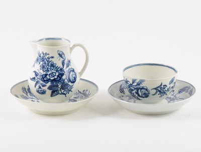 Lot 17 - A Worcester blue and white porcelain sparrow-beak jug, matching teabowl and saucer, and another saucer