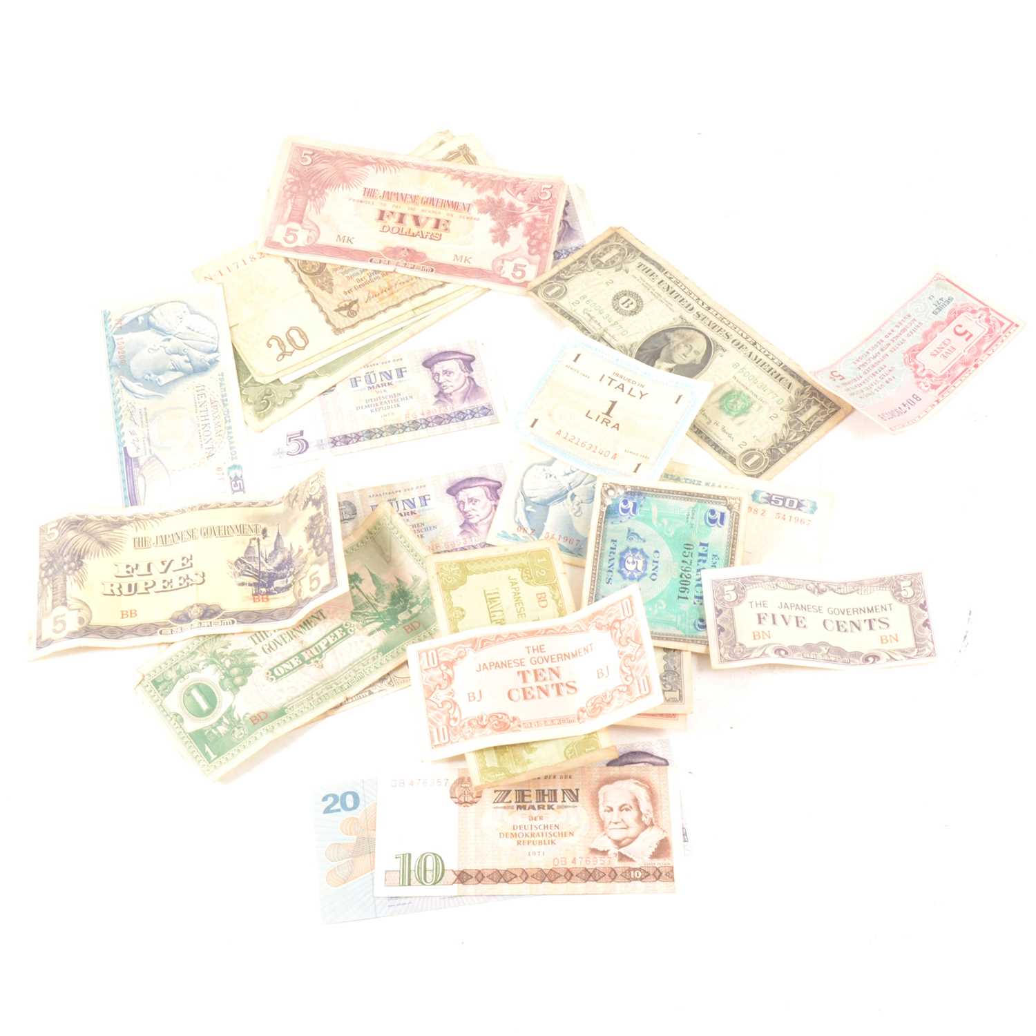 Lot 141 - Various world banknotes including WWII Japanese and Allied occupation notes...