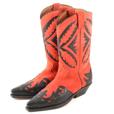 Lot 167 - A pair of Marlboro Classics scarlet suede and black leather cowboy style boots.