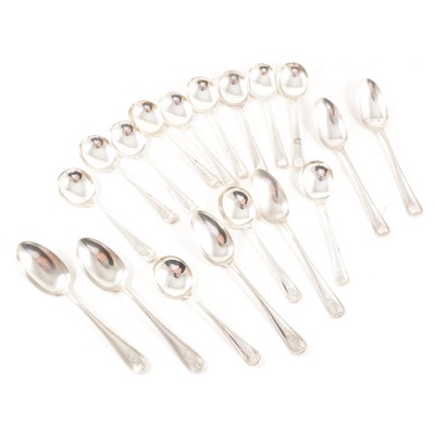 Lot 314 - Six bead edge table spoons and twelve soup spoons marked Sterling, by Shreve & Co.