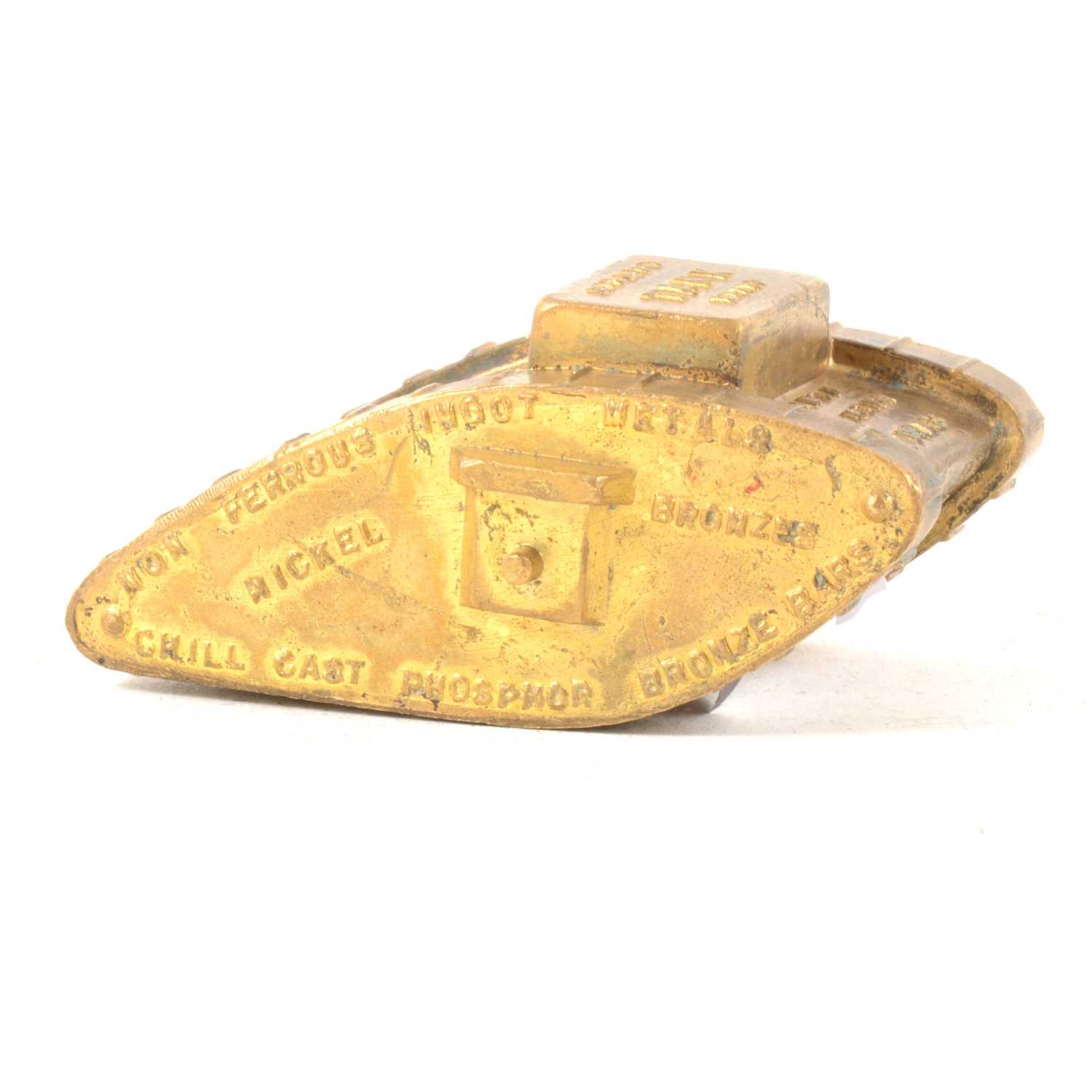 Lot 148 - A WWI bronze novelty advertising paperweight modelled as a military tank.
