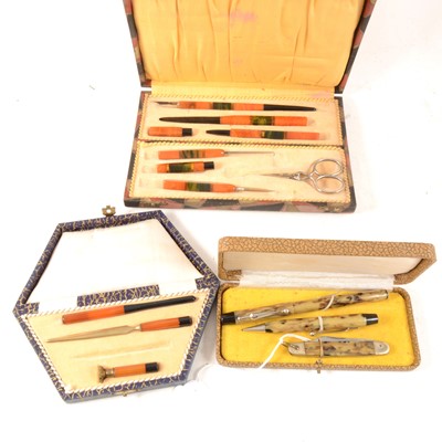 Lot 185 - Two Art Deco Bakelite part writing sets and another "Foreign" three piece set.