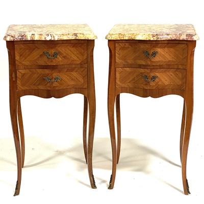 Lot 318 - A pair of Louis XV style kingwood serpentine bedside tables, late 20th Century