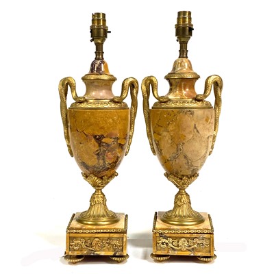 Lot 319 - A pair of Louis XV style Sienna marble and gilt metal urn-shape lamp bases