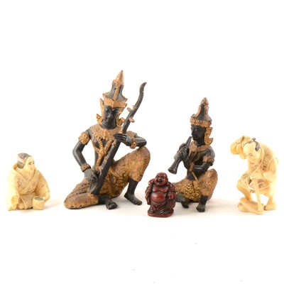 Lot 182 - Two cast metal and gilt painted figures of Thai musicians and other figurines