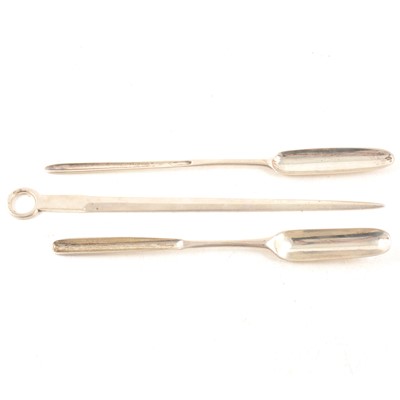 Lot 335 - Two silver marrow scoops and a silver meat skewer / letter opener.