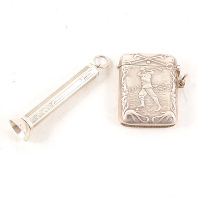 Lot 329 - A Dunhill silver cigar piercer and a golfing interest vesta case.