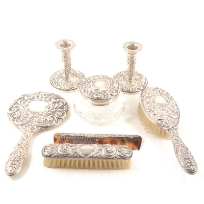 Lot 336 - A seven piece silver dressing table set.