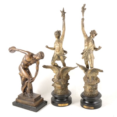 Lot 159 - A bronze model of the discus thrower and pair of spelter figures.