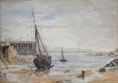 Lot 432 - Walter William May - boats in a harbour, watercolour, 16cm x 22cm.