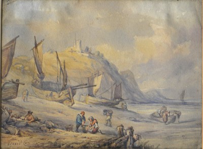 Lot 504 - David Cox , a pair of watercolours, castle scenes, one on a cliff top, 18cm x 27cm.(2)