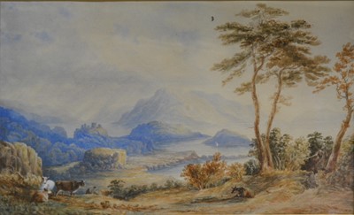 Lot 407 - Copley Fielding, watercolour, lake and mountain scene with cattle to foreground, 30cm x 45cm